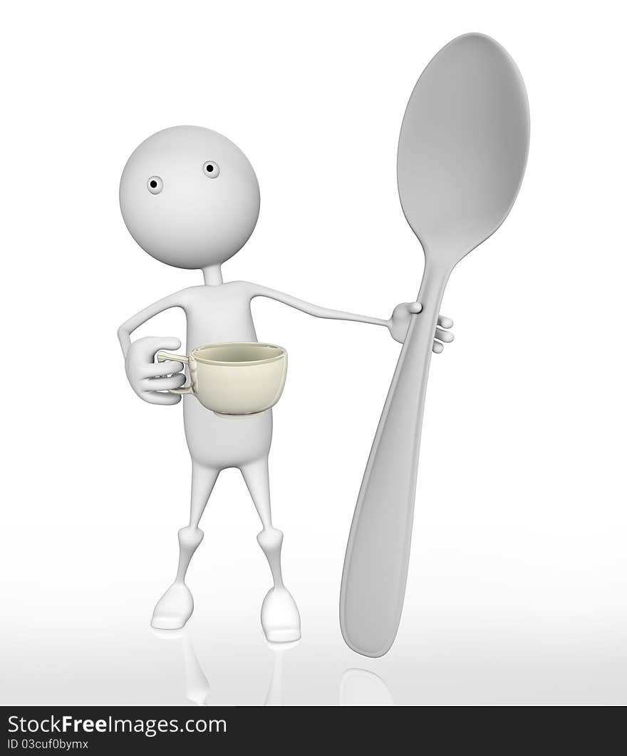 3d man holding a cup of coffee with a spoon on a white background.