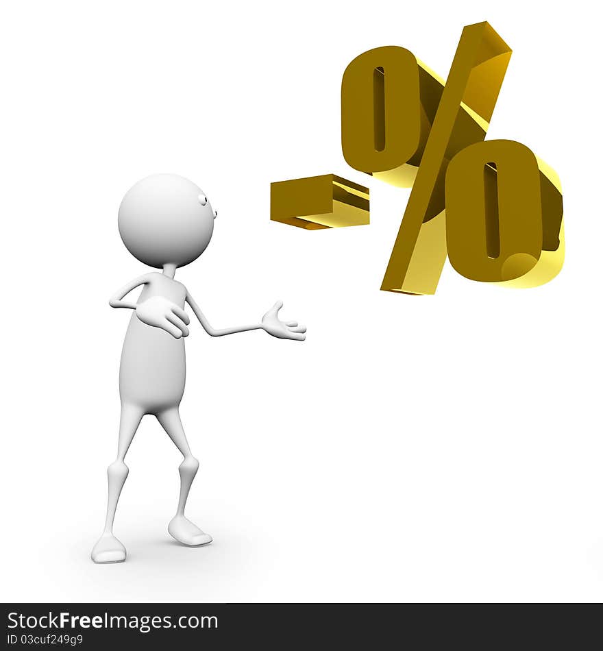 3d man invites gold discount on a white background.