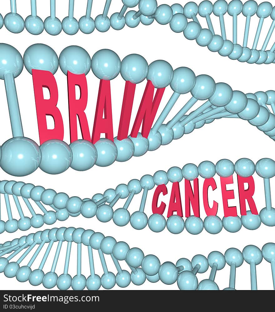 An illustrated DNA strand with the words Brain Cancer embedded in the chain, symbolizing the disease also referred to as glioblastoma multiform, anaplastic glioma, astrocytoma, and oligodendroglioma. An illustrated DNA strand with the words Brain Cancer embedded in the chain, symbolizing the disease also referred to as glioblastoma multiform, anaplastic glioma, astrocytoma, and oligodendroglioma