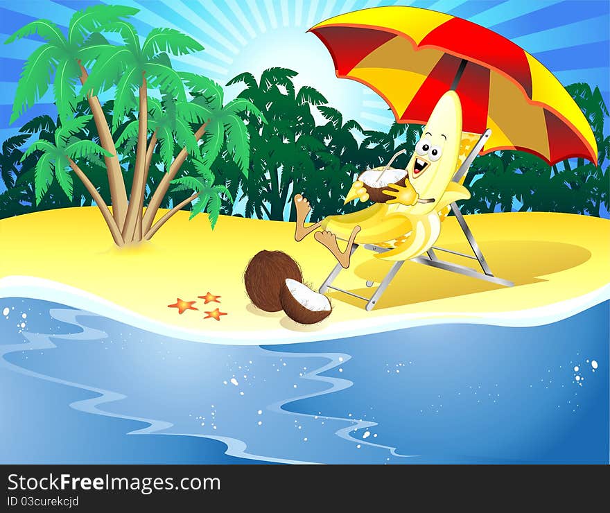 Funny Cartoon Banana On Exotic Beach