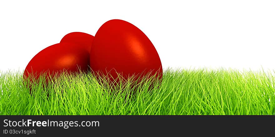 Red eggs in green grass  on white background