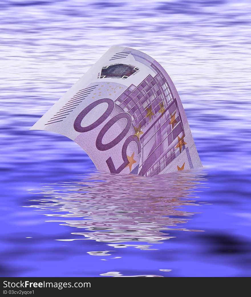 This image shows a bank note of 500 euros with its reflection in water. This image shows a bank note of 500 euros with its reflection in water