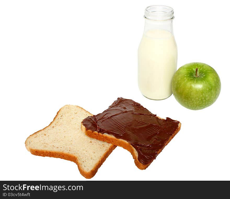 Bread With Chocolate,milk And An Apple