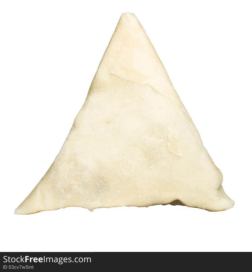 Uncooked Frozen Samosa isolated on white prior to cooking.