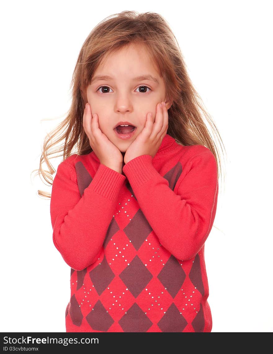 Portrait of a pretty little girl in sweater on white background