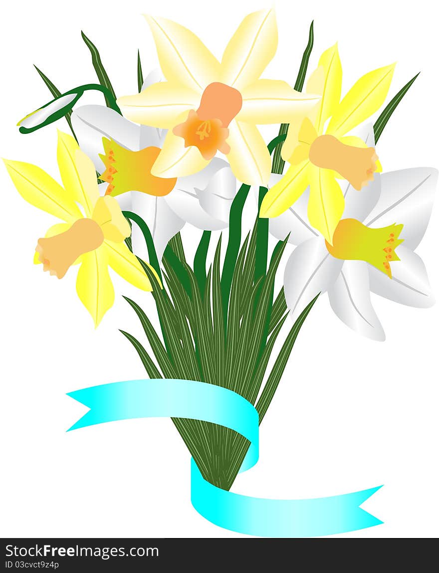 Bouquet from beautiful spring colors - narcissuses with a decorative tape