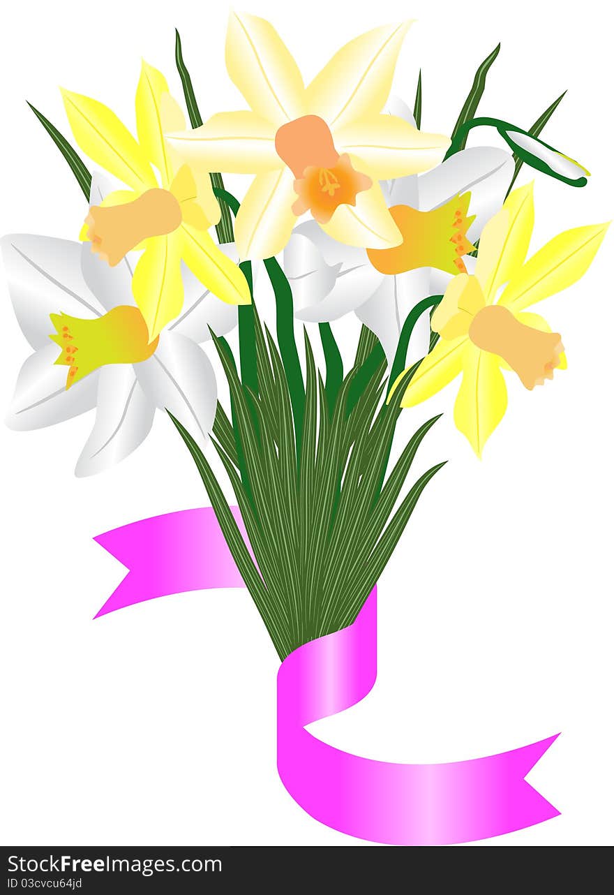 Bouquet from beautiful spring colors - narcissuses with a decorative tape