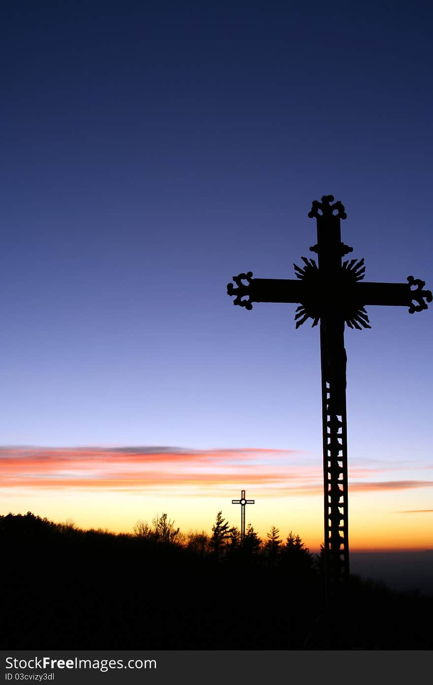 Crosses at sunset in a famous place of worship. Crosses at sunset in a famous place of worship