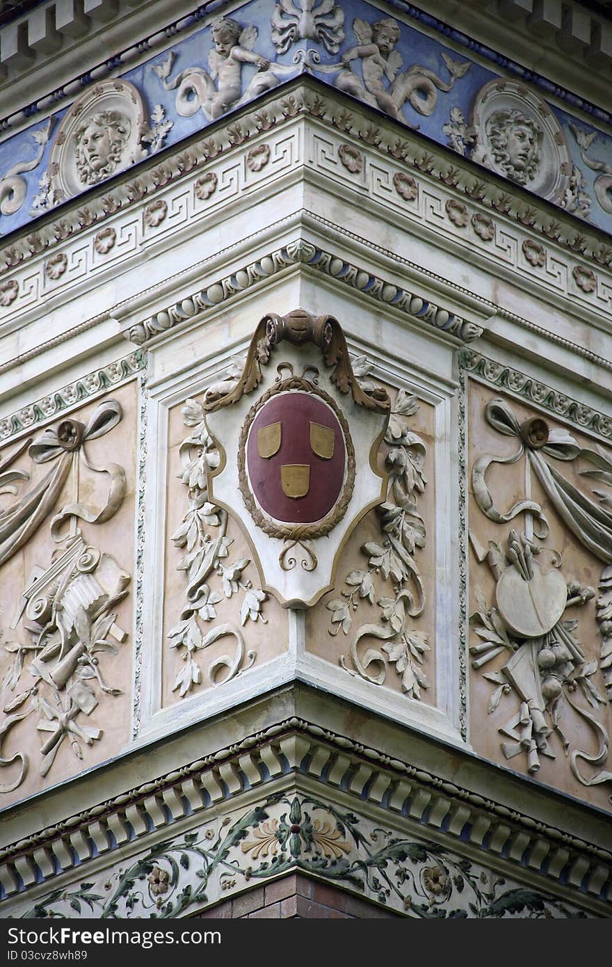 The corner of a very ornate building in Budapest, Hungary. The corner of a very ornate building in Budapest, Hungary.