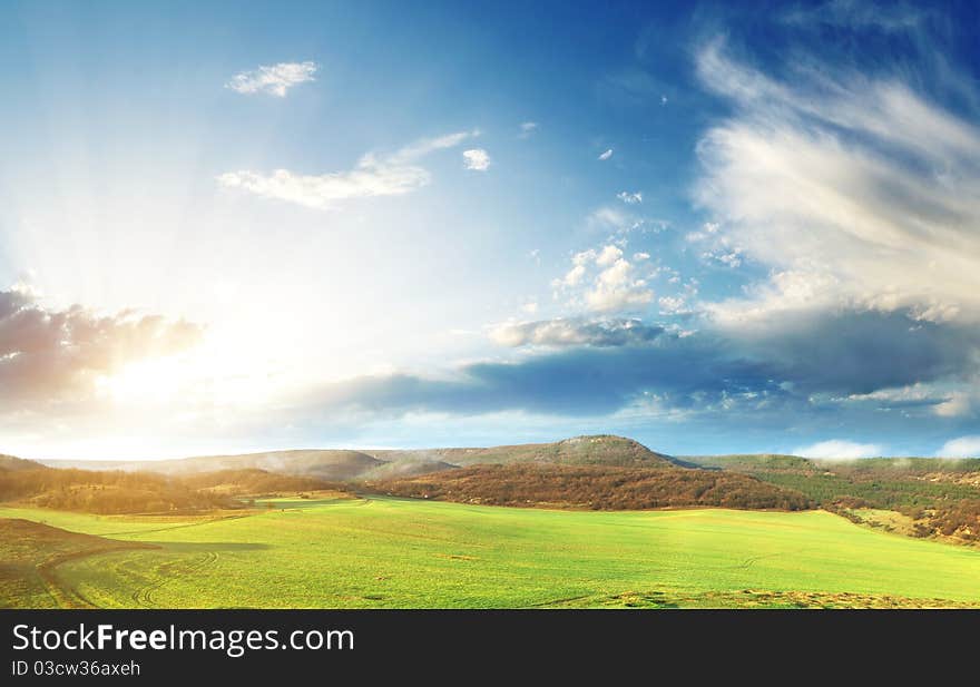 Green meadow in mountain.