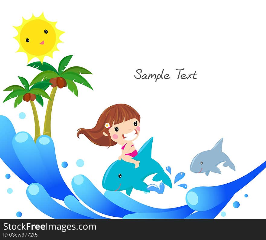 Kid sitting on dolphin - illustration. Kid sitting on dolphin - illustration.