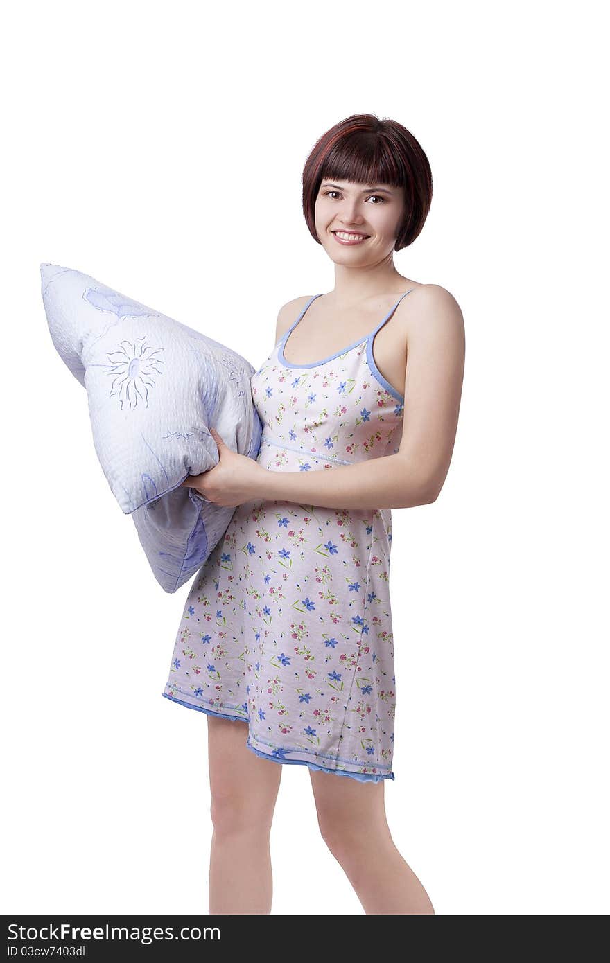 Happy Girl with pillow on white background.