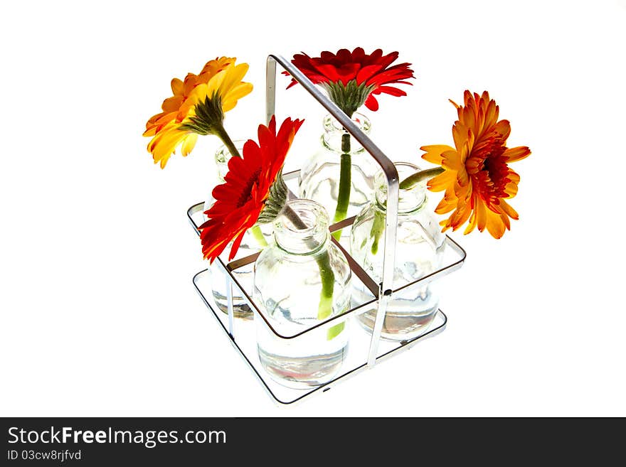 Tray with vases of glass with springflowers. Tray with vases of glass with springflowers