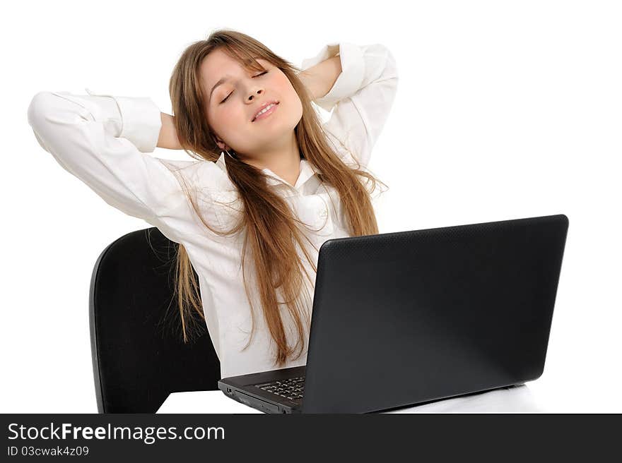 Woman with a laptop rest - isolated over a white background