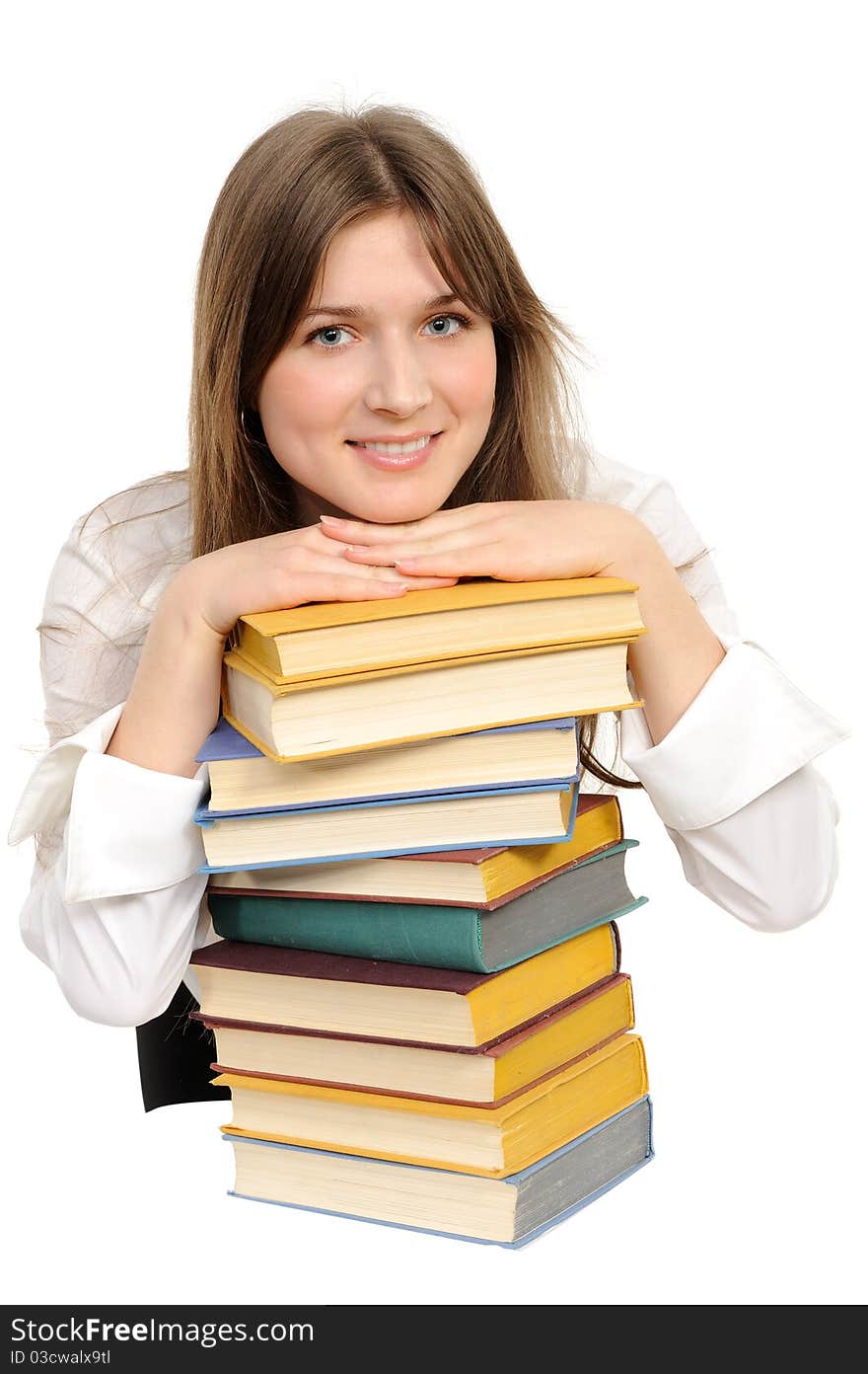 Student girl with books on white background