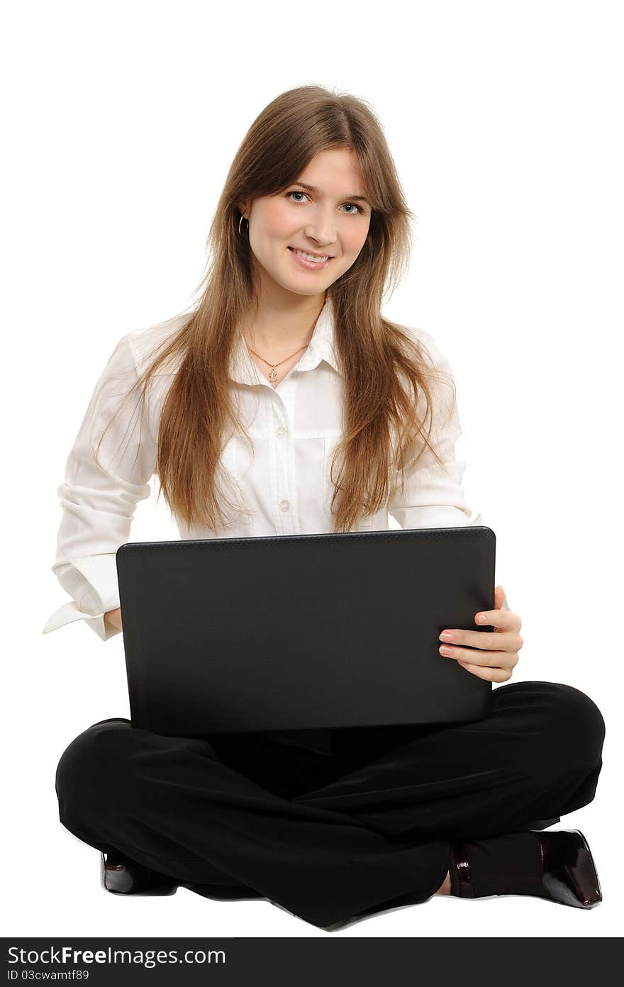 Woman with laptop on a white background. Woman with laptop on a white background