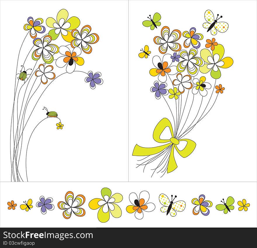 Graphic set with colored flowers painted and butterflies. Graphic set with colored flowers painted and butterflies