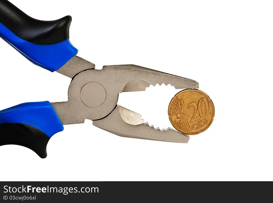 Flat-nose pliers and coin isolated.