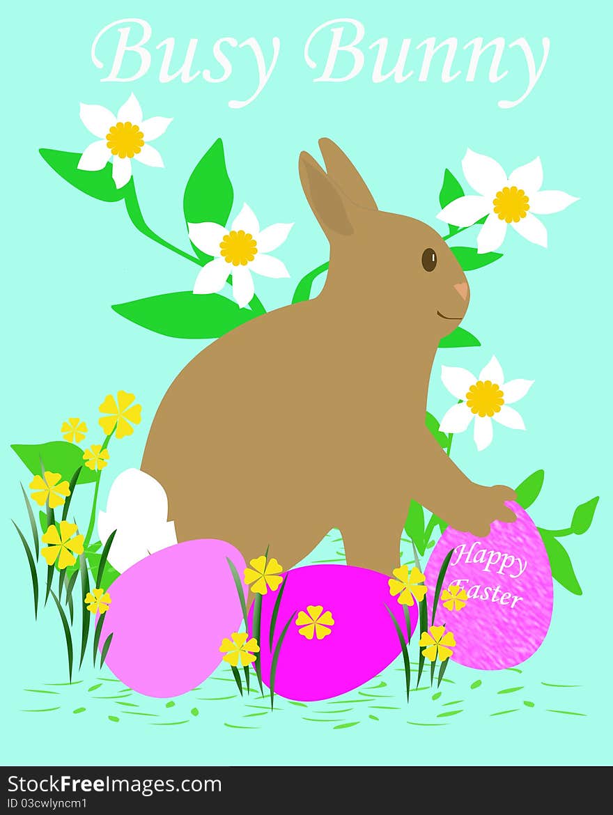 Busy Easter bunny and colorful eggs illustration