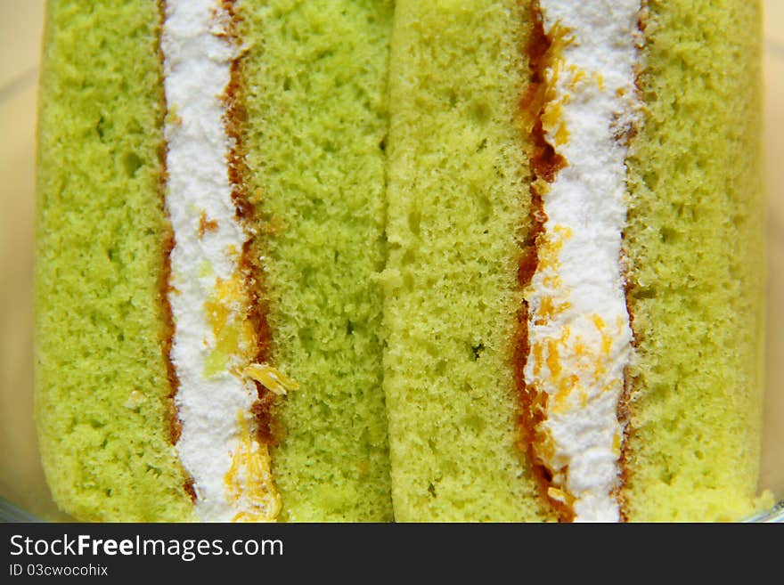 A slice of sponge Pandan cake