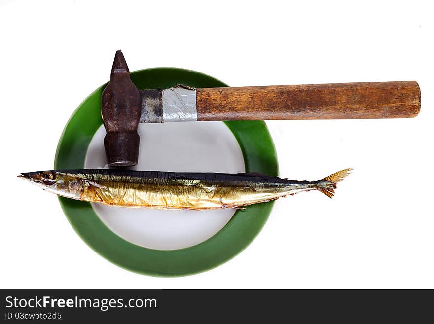 Needlefish smoked on a plate on a white background. Needlefish smoked on a plate on a white background