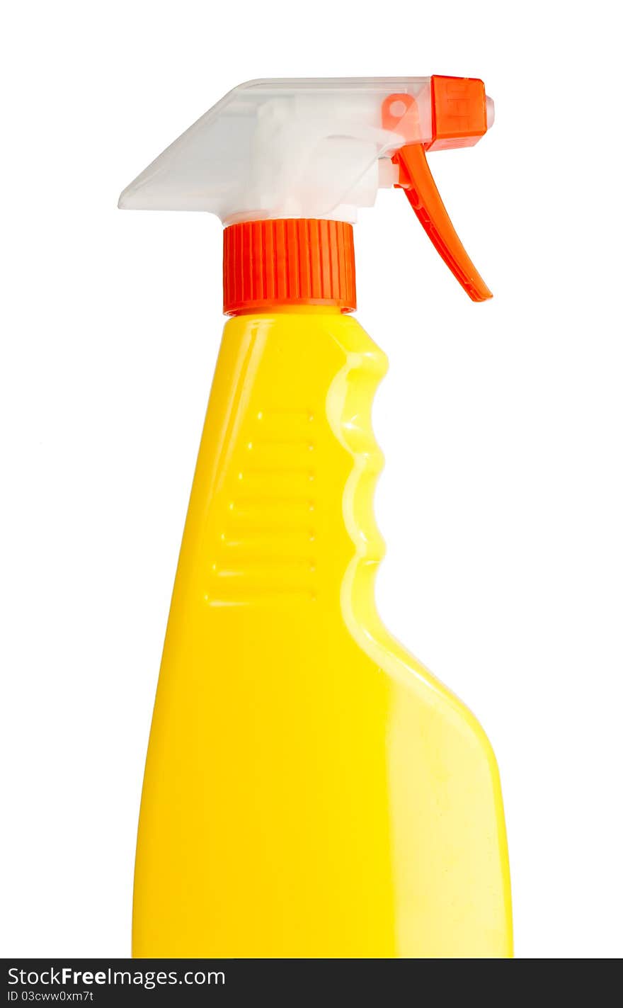 Yellow transparent spray bottle on white background