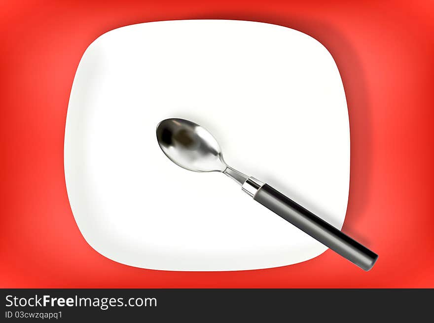 Spoon on a plate with a red primer to increase the brightness and the atmosphere in the kitchen. Spoon on a plate with a red primer to increase the brightness and the atmosphere in the kitchen.