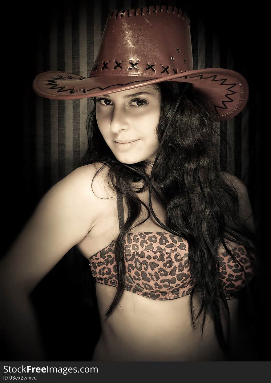 Young stylish woman portrait in cowboy hat. Young stylish woman portrait in cowboy hat