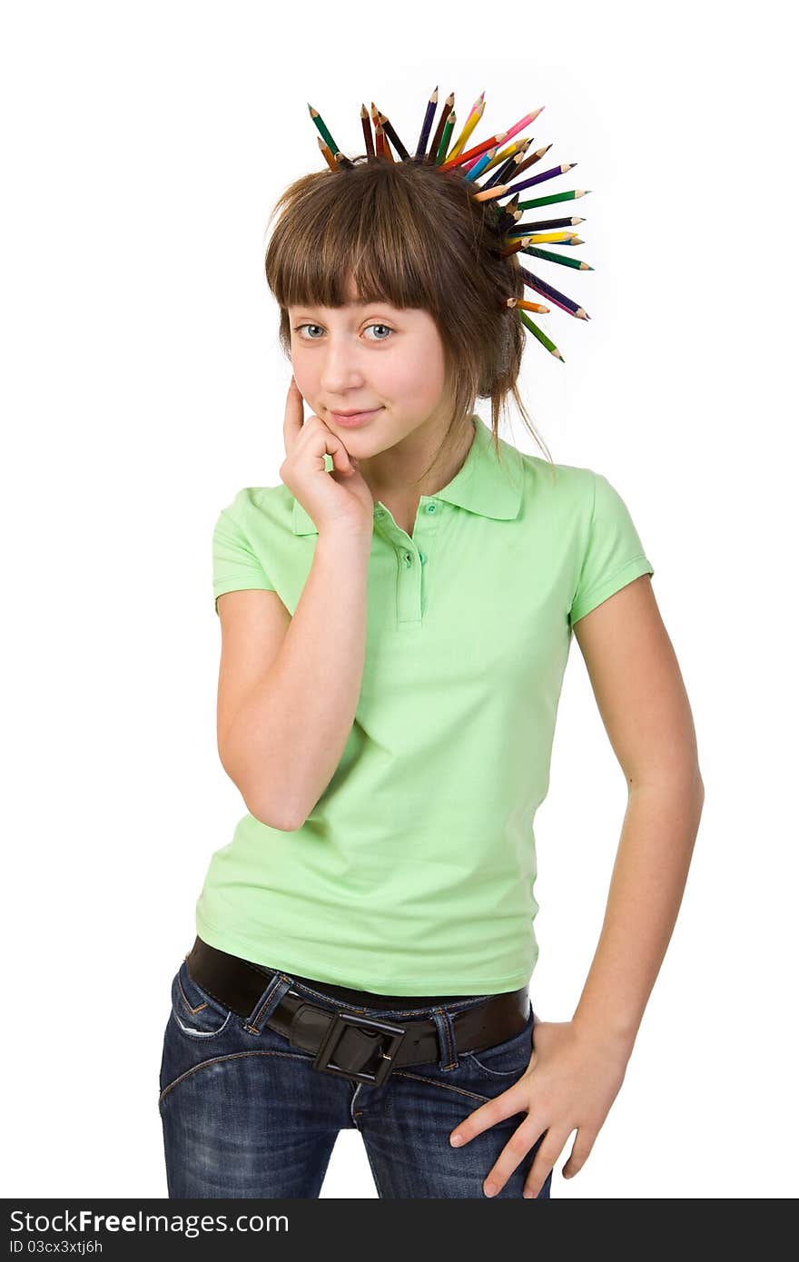 Girl with pencils isolated on a white background