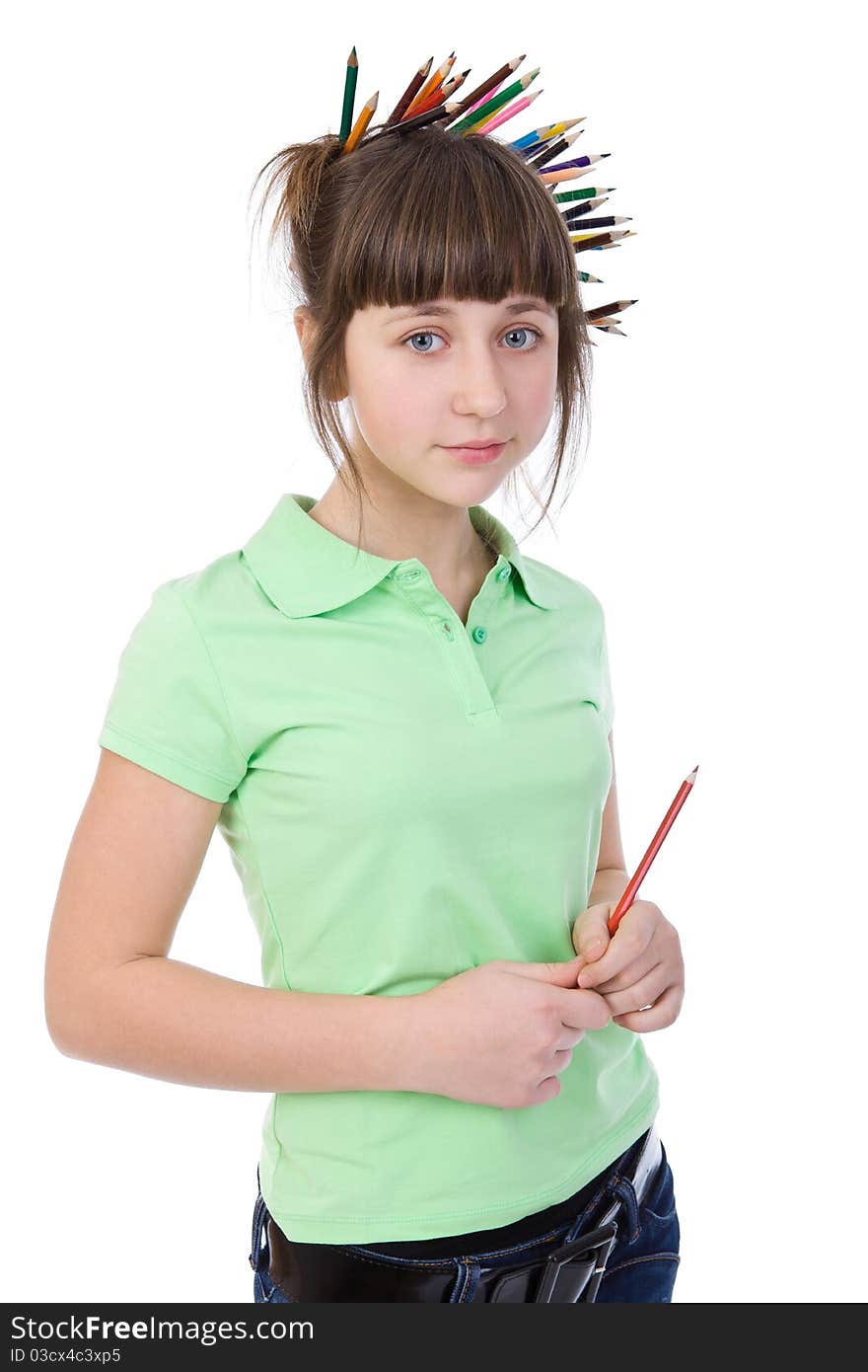 Girl with pencils isolated on a white background