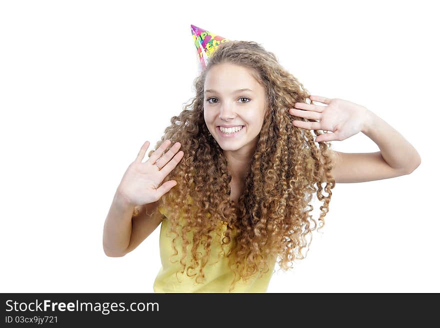 Smiling Woman In Birthday Hat Over White