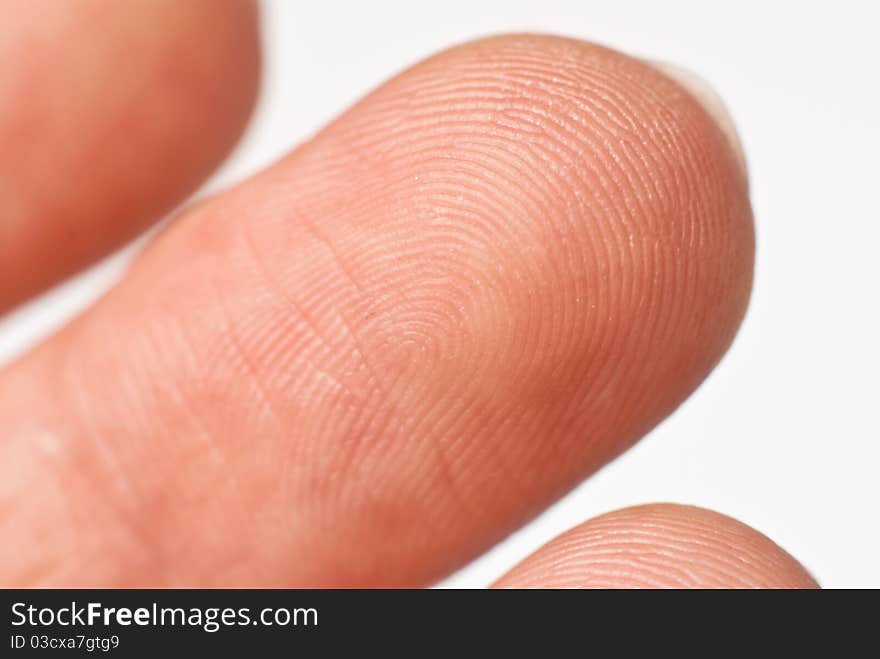 Macro photo of a men finger. White background. Macro photo of a men finger. White background