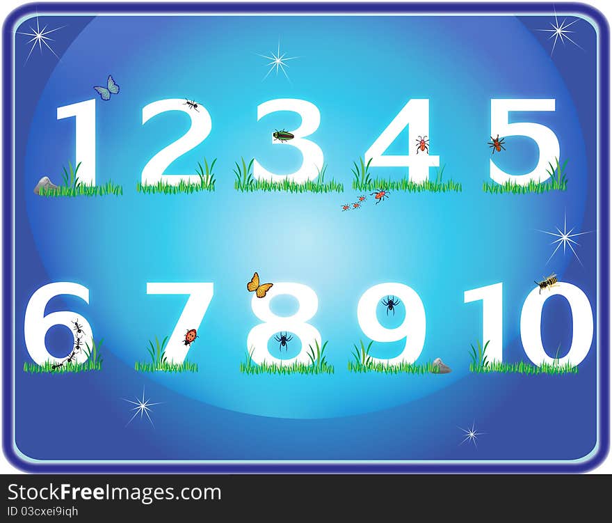 Numbers laying on grass in the blue night sky. Numbers laying on grass in the blue night sky