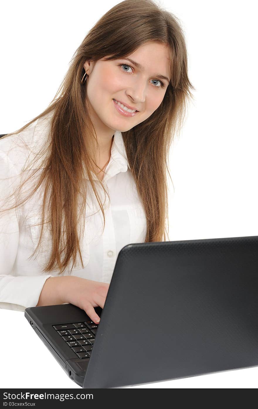 Woman with laptop on a white background