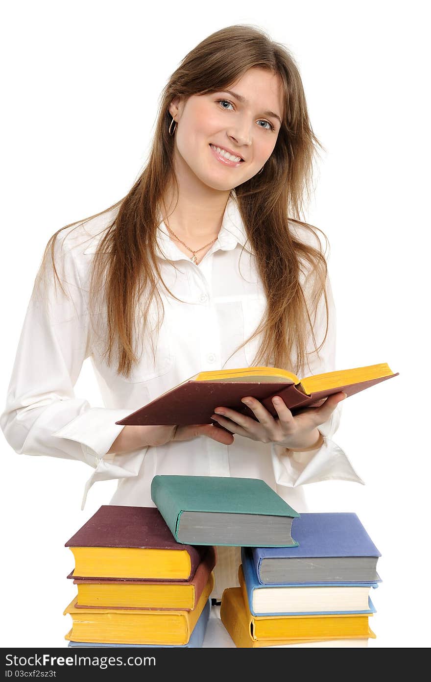 Student girl with books on white background