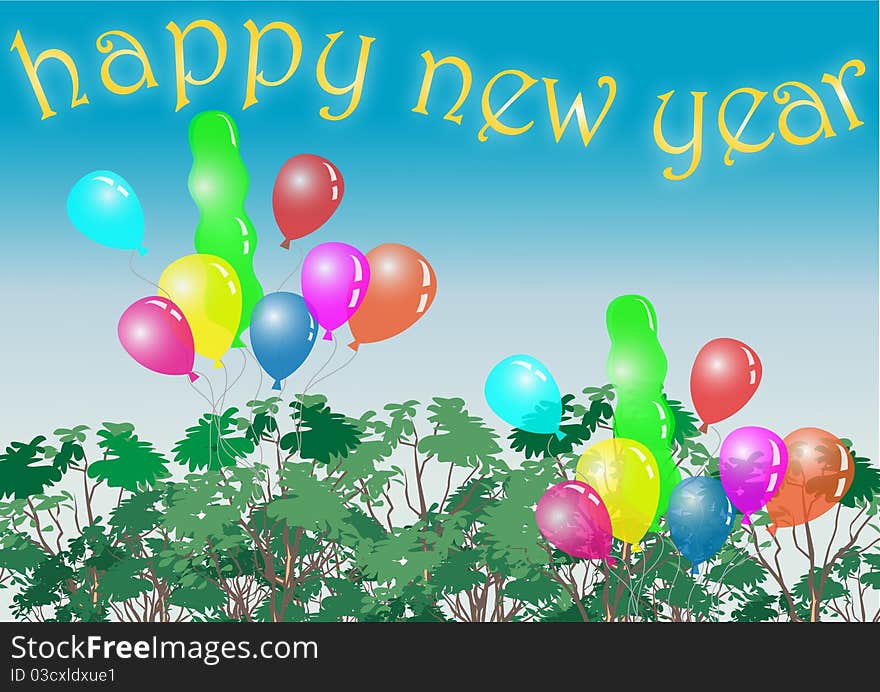 Happy new year with balloon flying over treetop. Happy new year with balloon flying over treetop