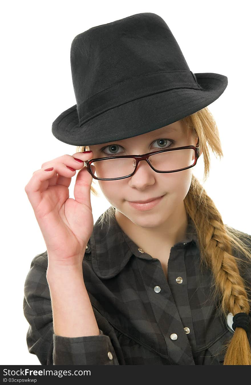 Portrait of the girl with glasses isolated on a white background