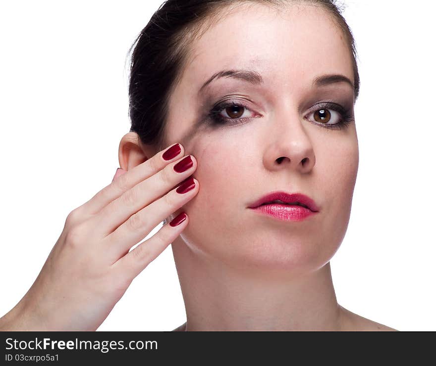 Girl with smeared makeup isolated