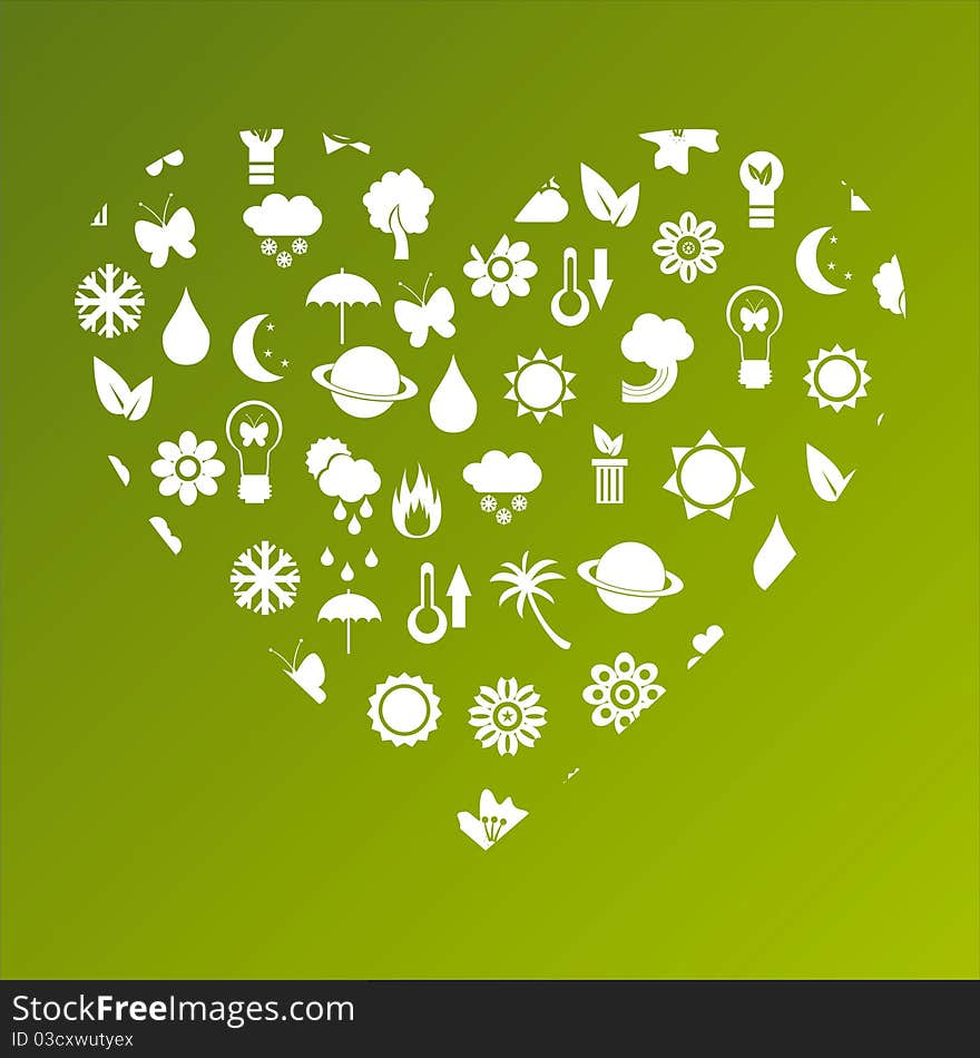 Ecological heart made of icons over green background