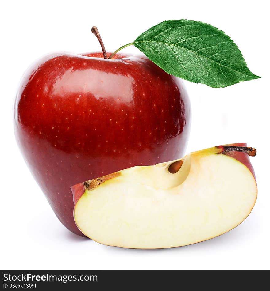 Red apples and half of apple Isolated on a white background.