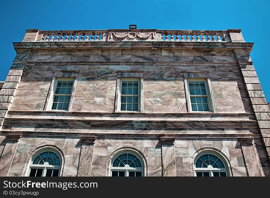 Details of the upper story on the west side of Charles & Edith Ringling's winter retreat, showing beautiful color of marble construction. This building now houses administrative offices for New College of Florida. Details of the upper story on the west side of Charles & Edith Ringling's winter retreat, showing beautiful color of marble construction. This building now houses administrative offices for New College of Florida