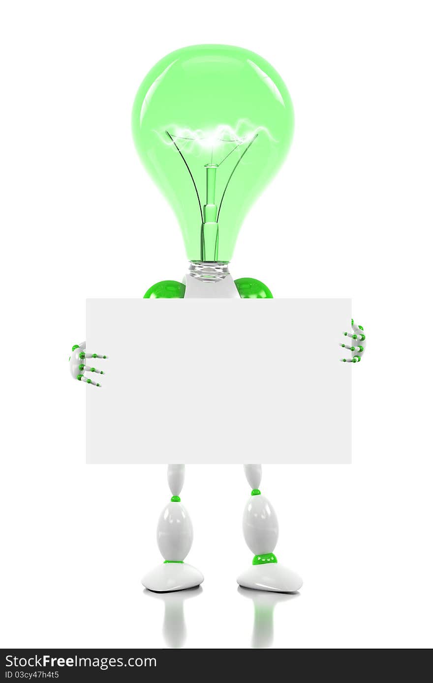 Robot with light bulb for its head , holding a blank card