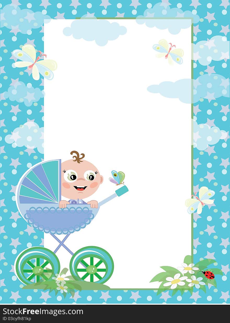 Pink frame with baby boy in carriage