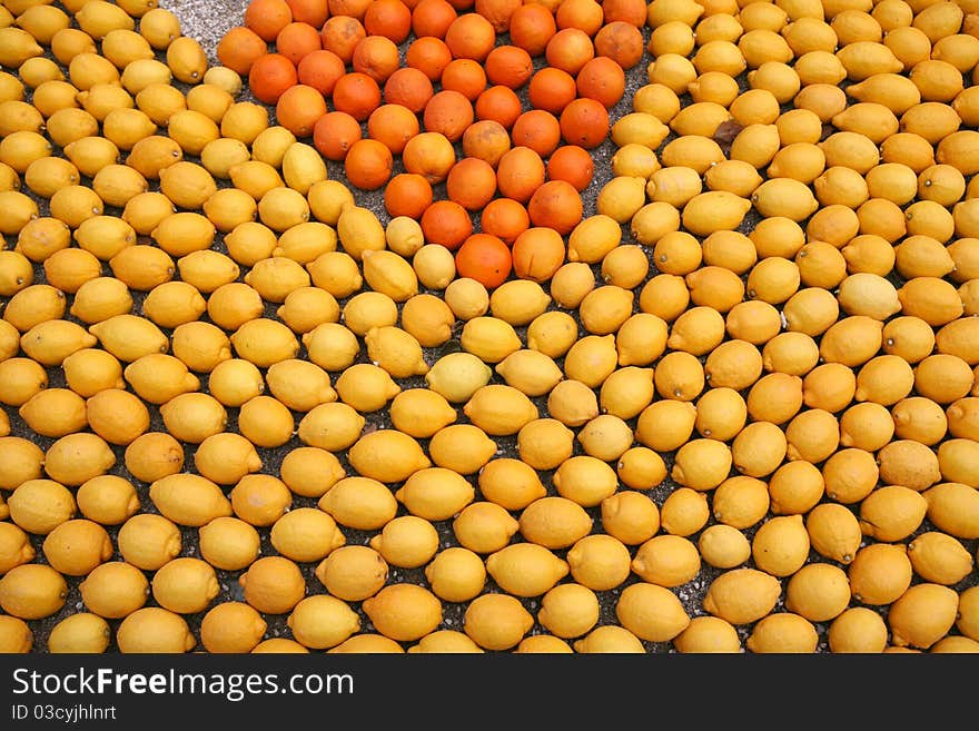 Mosaic made of oranges and lemons on Lemon Festival, March 11, 2011, Menton France. Mosaic made of oranges and lemons on Lemon Festival, March 11, 2011, Menton France.