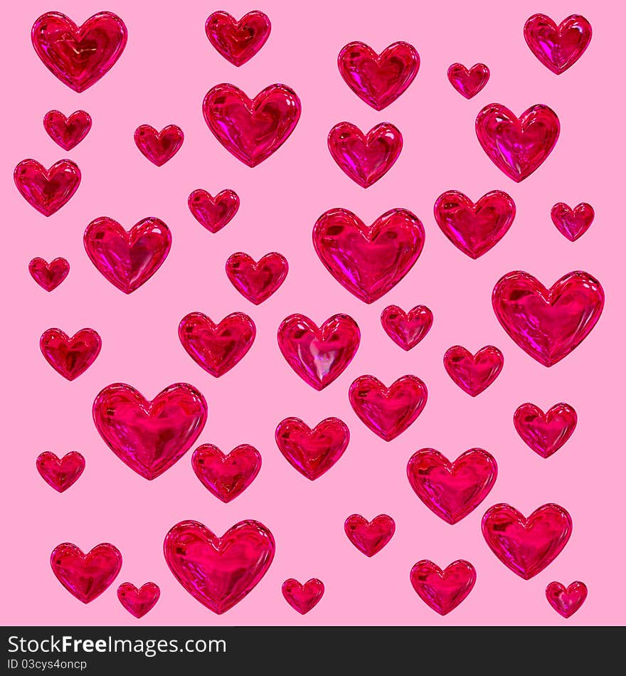 Set of red hearts on a pink background as a texture. Set of red hearts on a pink background as a texture