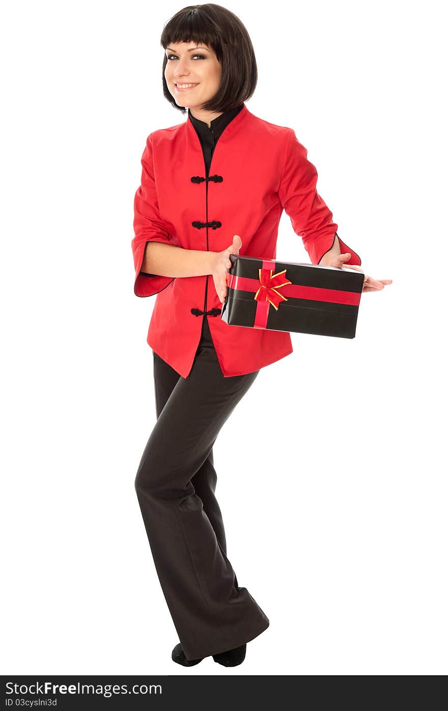 Woman holding a black box with red bow as a gift. Woman holding a black box with red bow as a gift