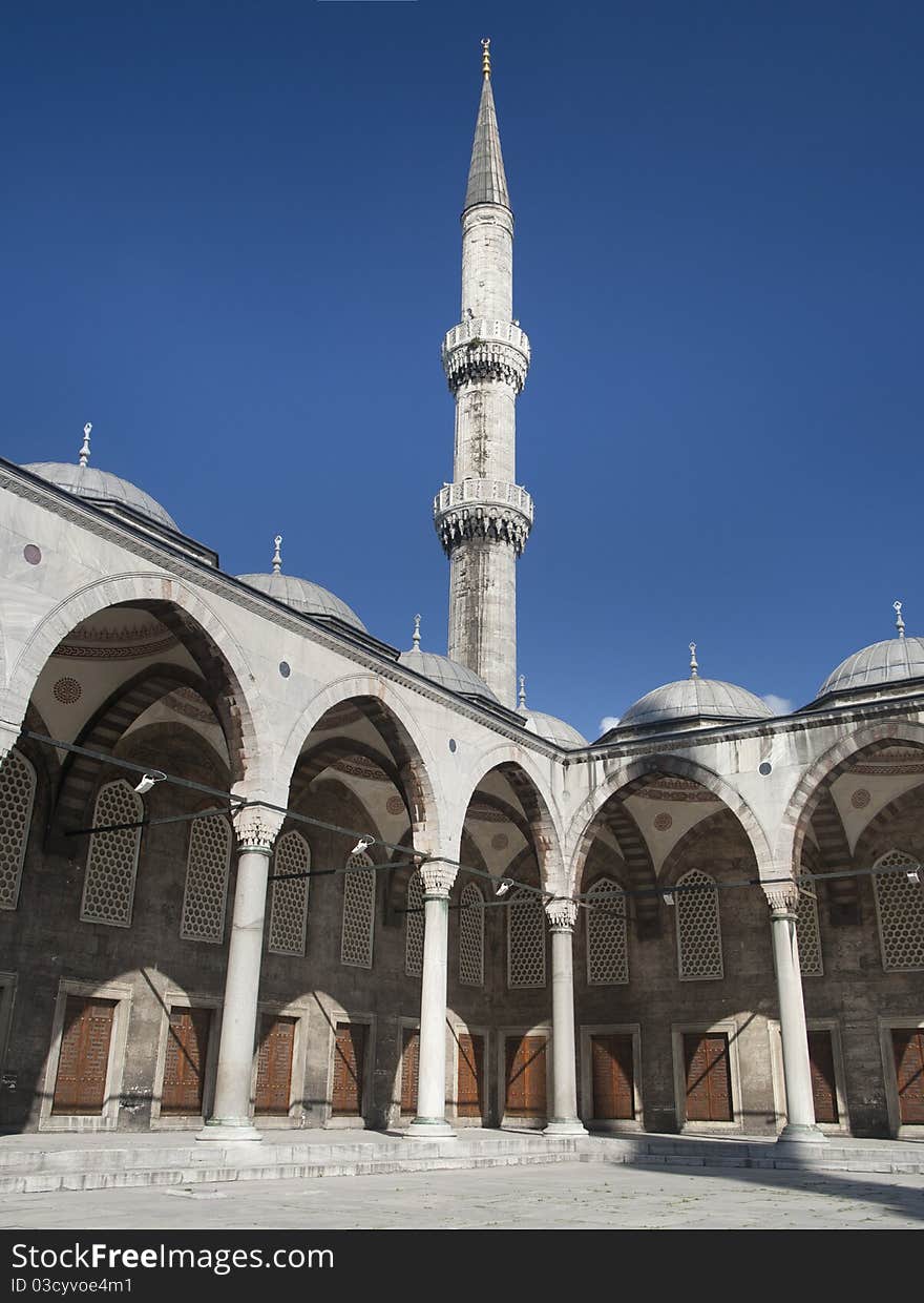 Blue Mosque (Sultan Ahmed) yard and minaret in Istanbul, Turkey. Blue Mosque (Sultan Ahmed) yard and minaret in Istanbul, Turkey