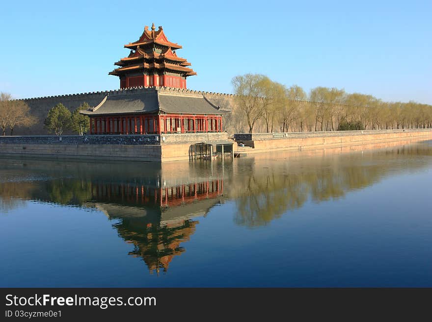 Northwest corner of forbidden city,the reflection in the moat, Beijing China. Northwest corner of forbidden city,the reflection in the moat, Beijing China.