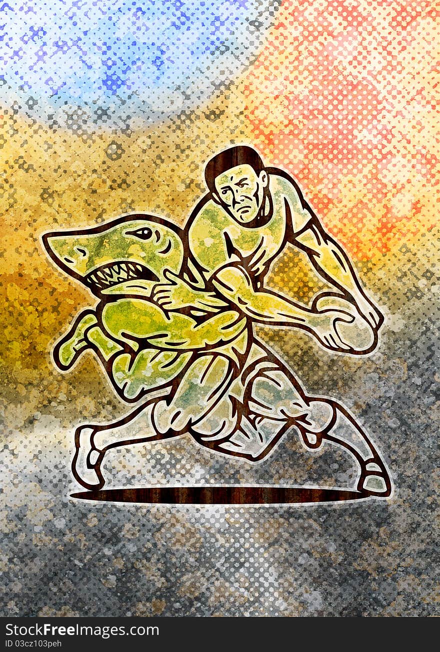 Illustration of a Rugby player running with ball attacked by shark with grunge texture background. Illustration of a Rugby player running with ball attacked by shark with grunge texture background