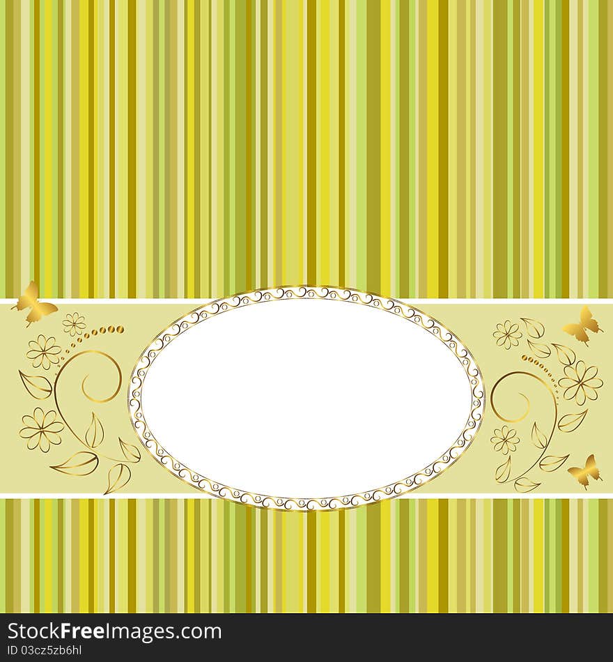 Golden vintage frame design for greeting card with floral and butterflies. Golden vintage frame design for greeting card with floral and butterflies.